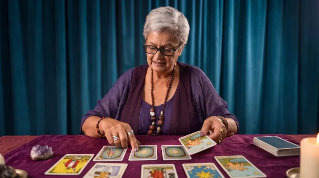 Mila Villegas leyendo una tirada de cartas del tarot en su mesa de consulta